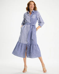 Indigo Linen-Cotton Striped Shirtdress