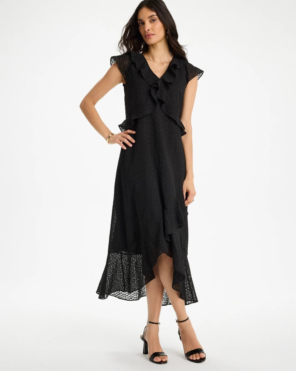 Black Floral Surplice Ruffled Dress