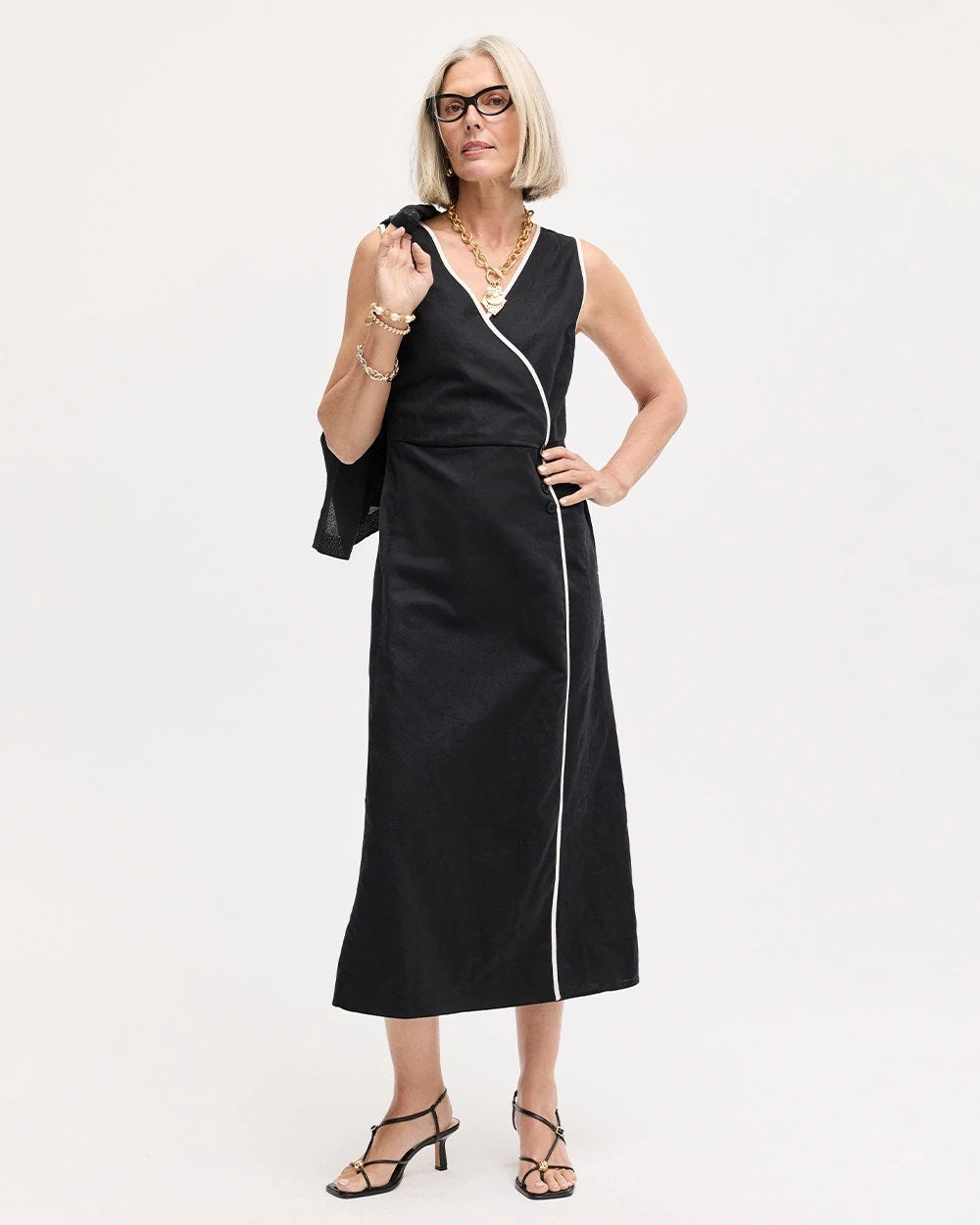 Black Sleeveless Surplice Linen Dress