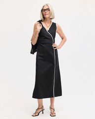 Black Sleeveless Surplice Linen Dress