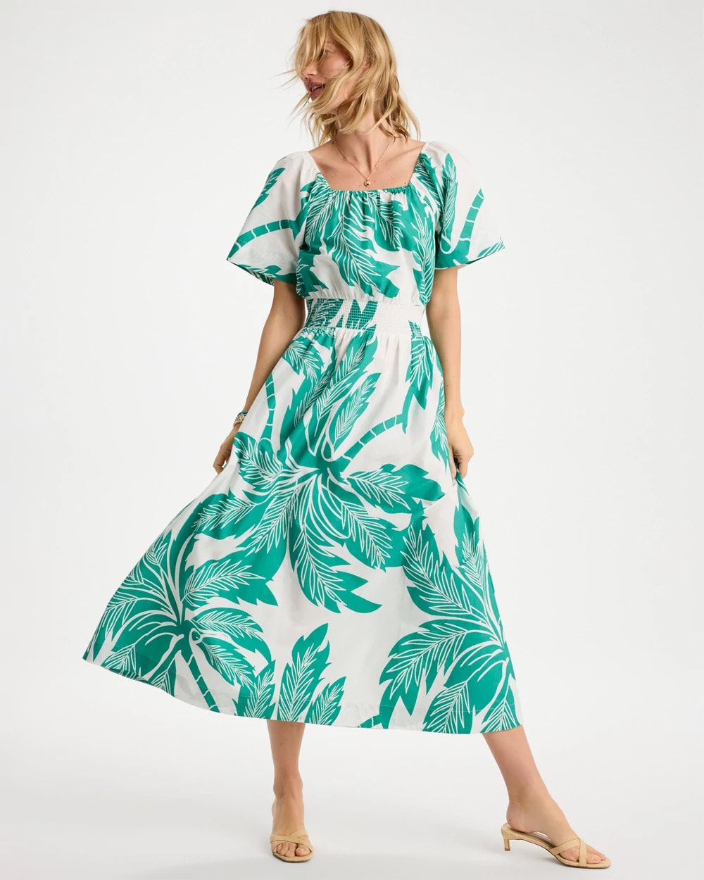 Topanga Green Poplin Cotton Off-Shoulder Printed Dress