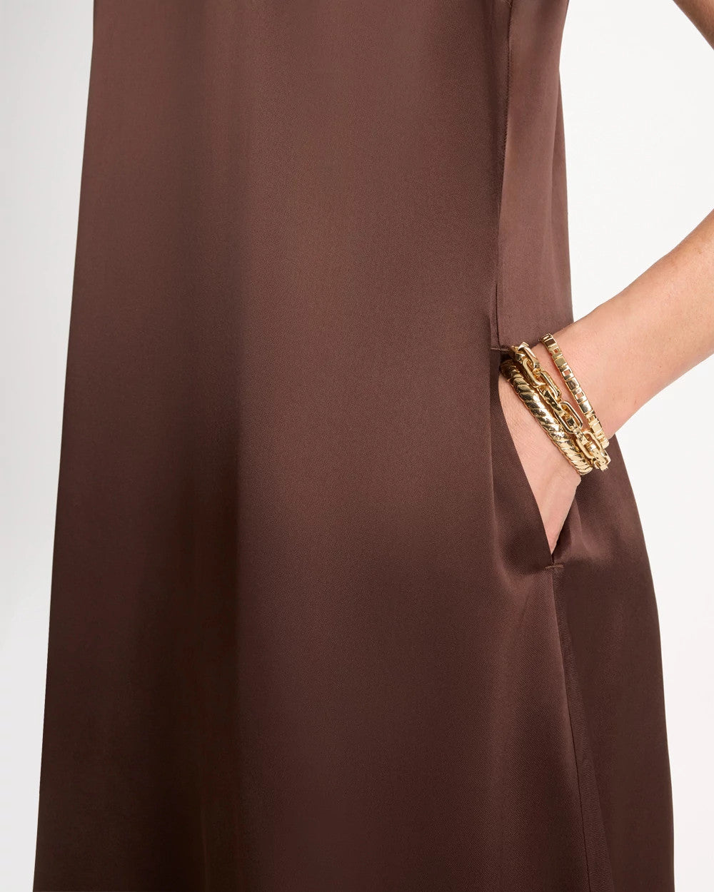 Deep Brown Faux Satin Sleeveless Dress
