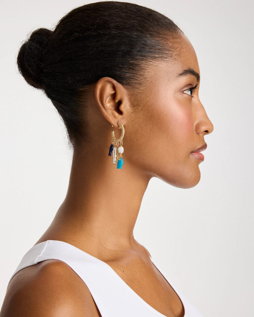 Blue Multi Fish Charm Crinkle Hoop Earrings