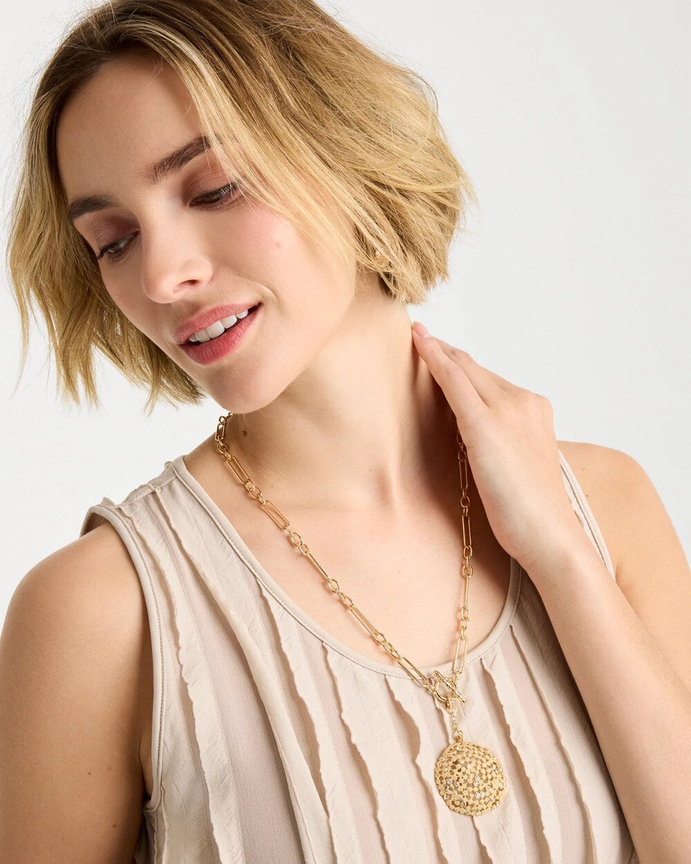 Gold Sea Foam Medallion Double-Strand Pendant Necklace