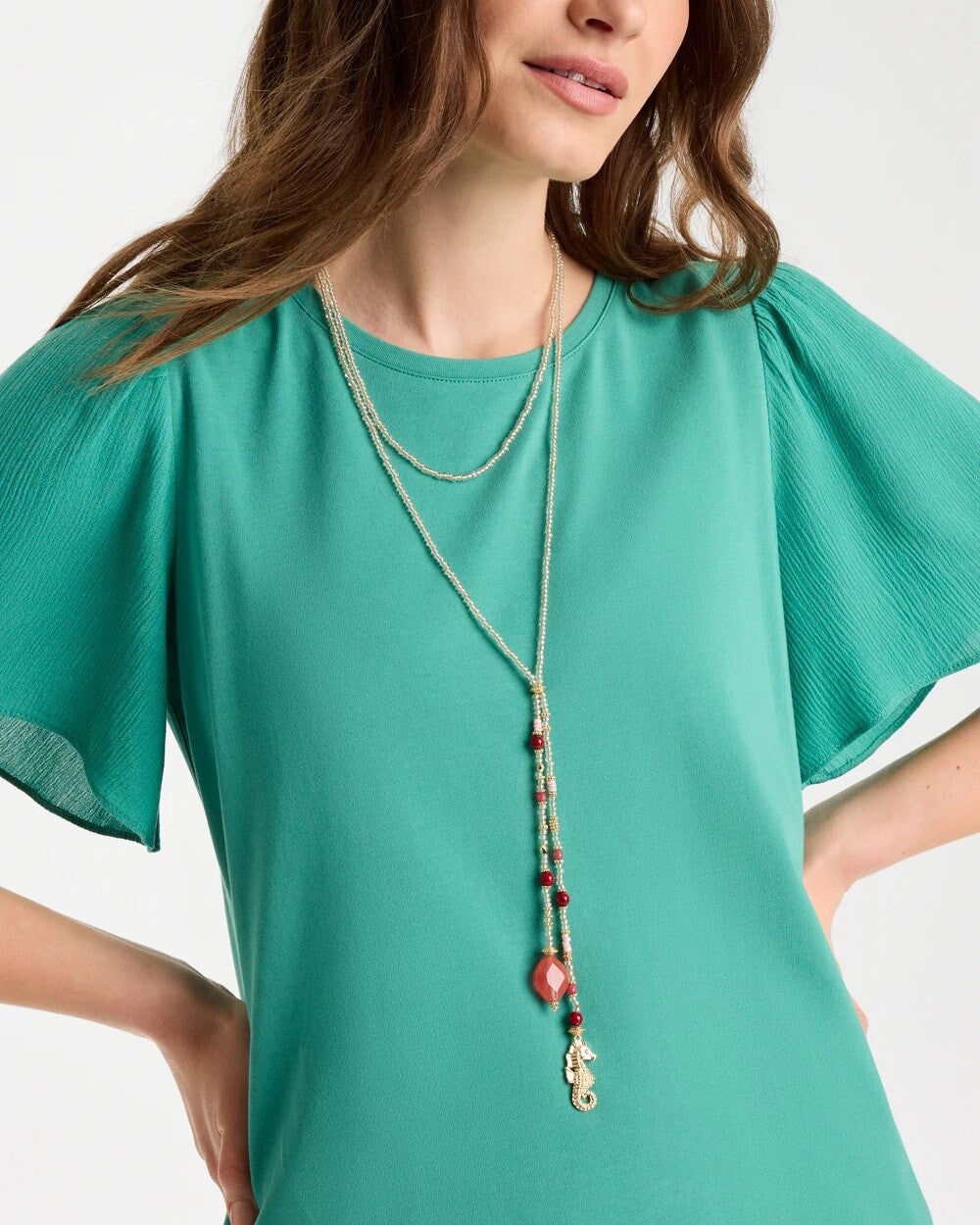 Coral Coral Genuine Stone Y-Pendant Necklace