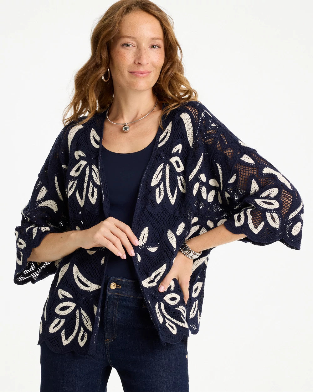 Passport Blue Woven Crochet Lace Contrast Kimono