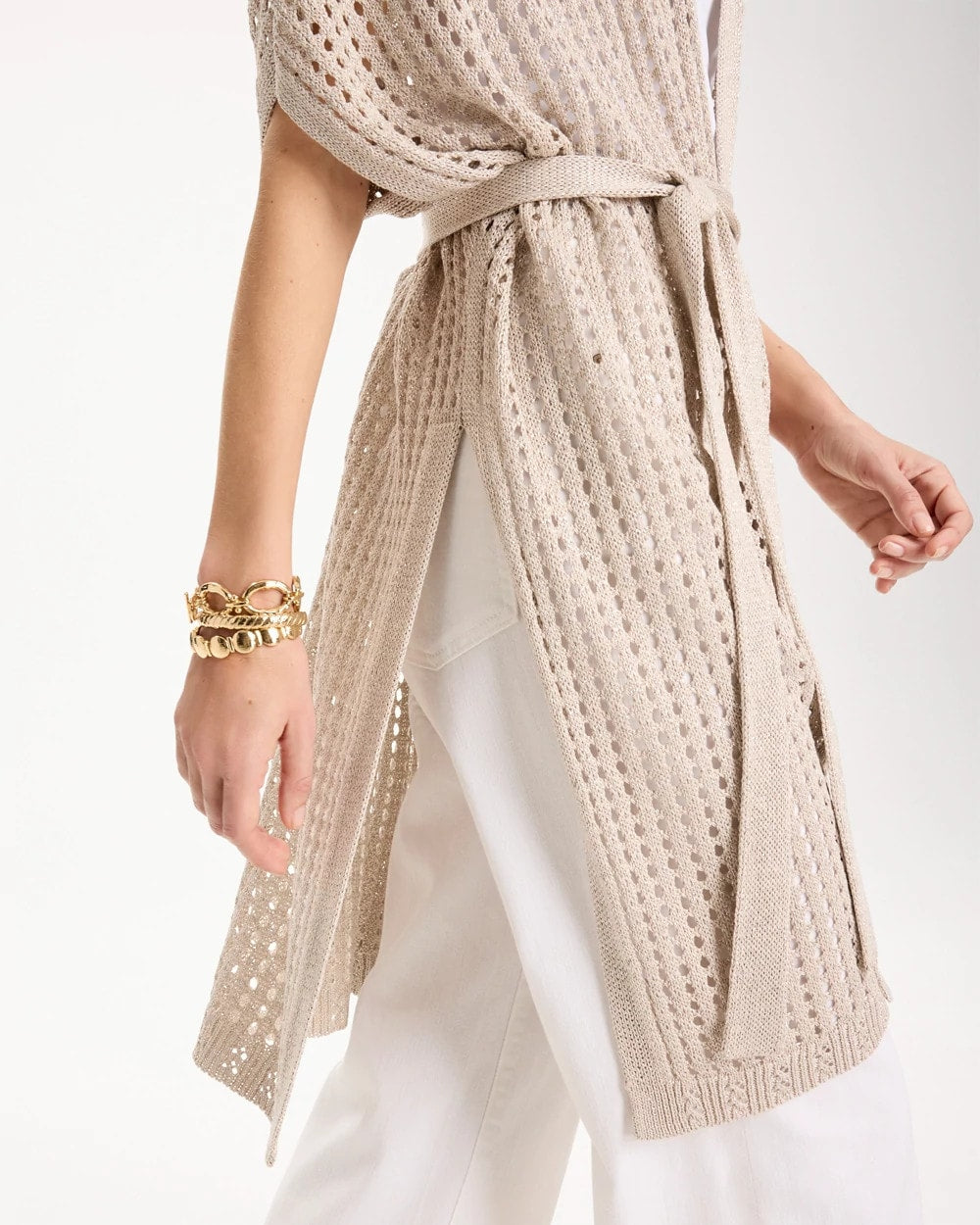 Neutral Crochet Knit Belted Ruana