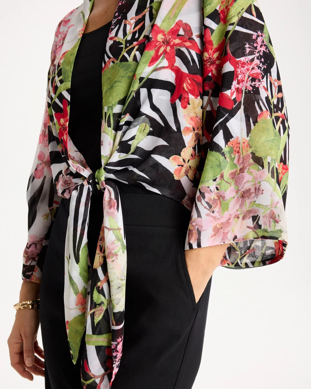 Black Georgette Tie-Front Kimono