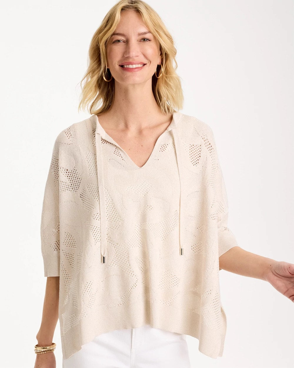 Ecru Crochet Lace Notch Neck Poncho