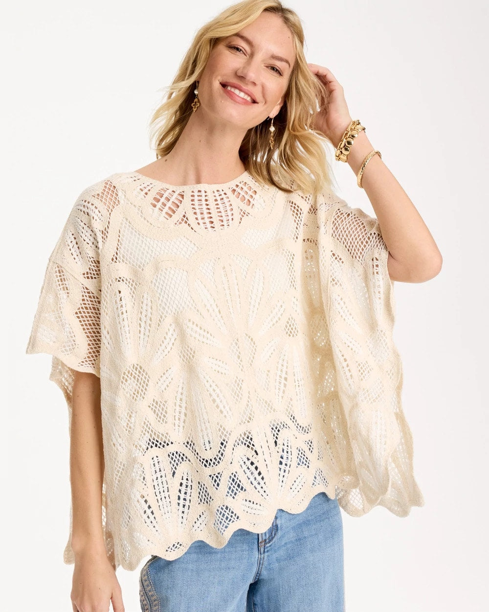 Ecru Woven Cotton-Blend Crochet Lace Poncho