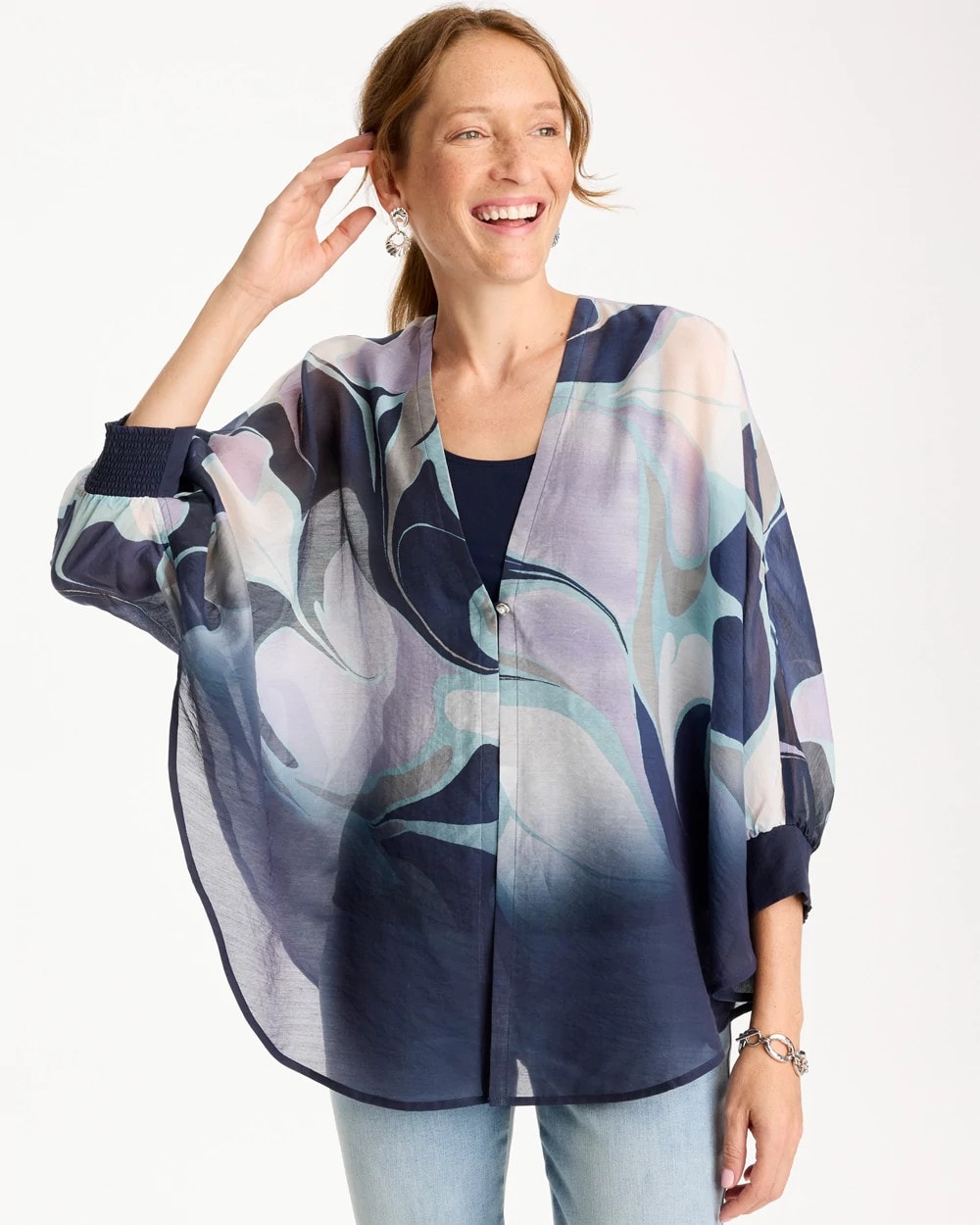 Passport Blue Woven Printed Cocoon Ruana