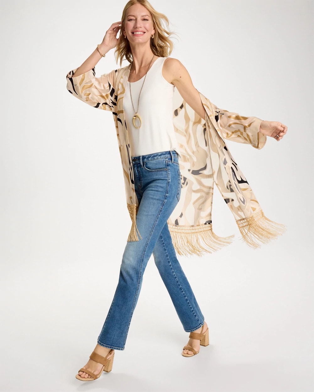 Neutral Woven Long Fringed Kimono