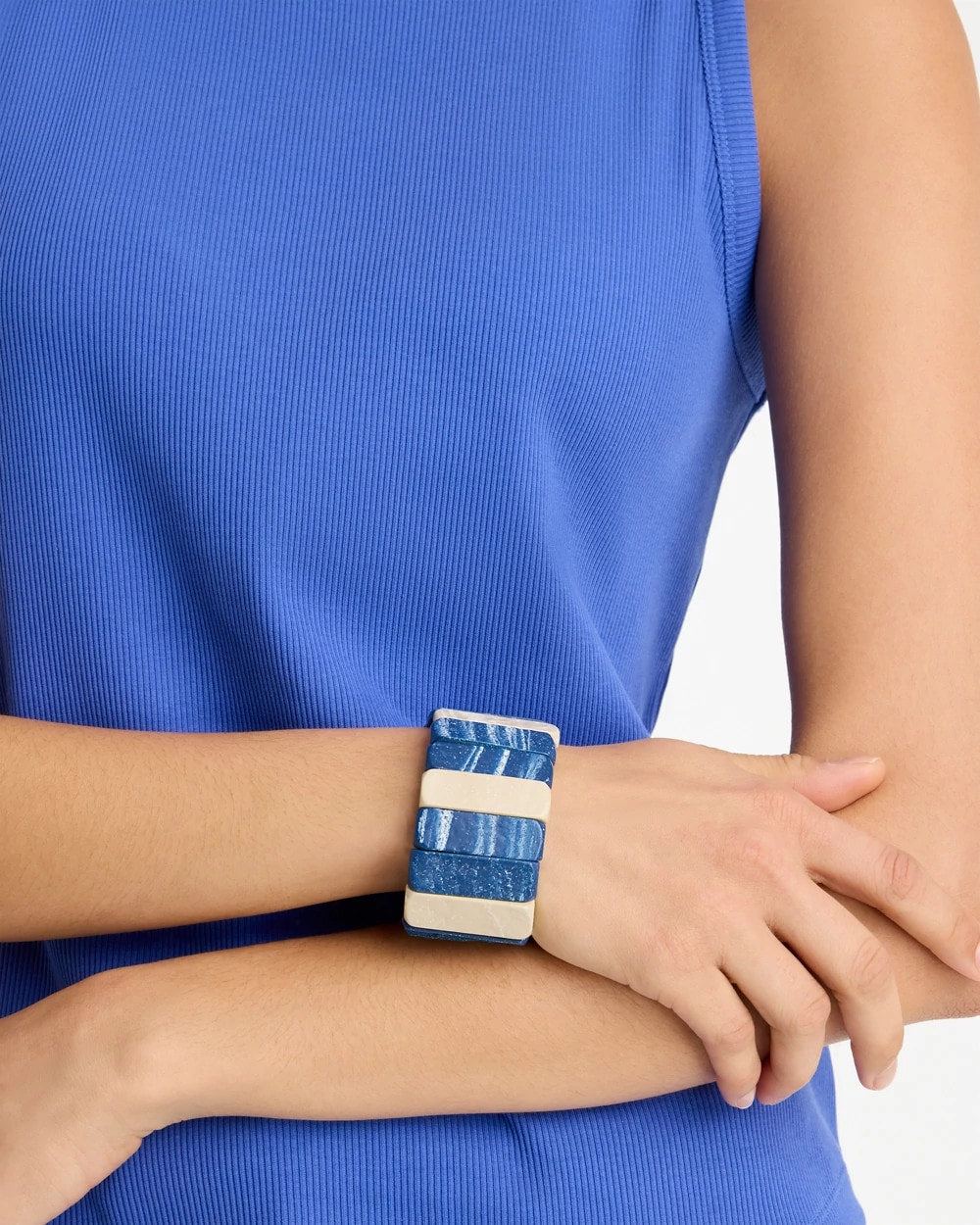 Blue Multi Blue-Neutral Wood Stretch Bracelet