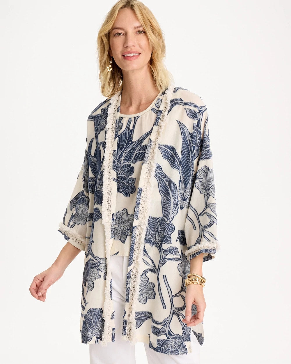 Blue Cotton Jacquard Fringed Kimono