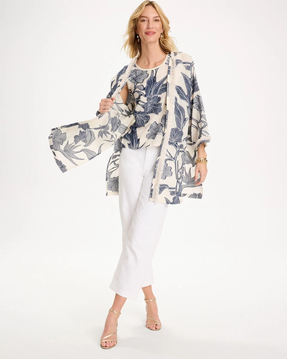 Blue Cotton Jacquard Fringed Kimono