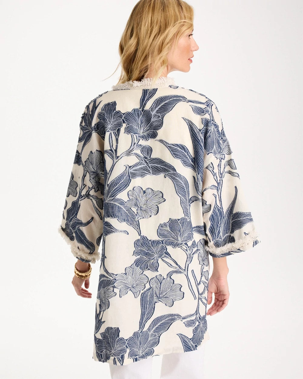 Blue Cotton Jacquard Fringed Kimono