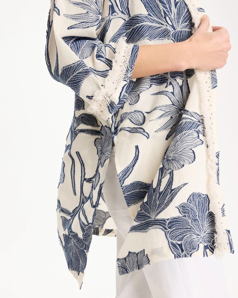 Blue Cotton Jacquard Fringed Kimono