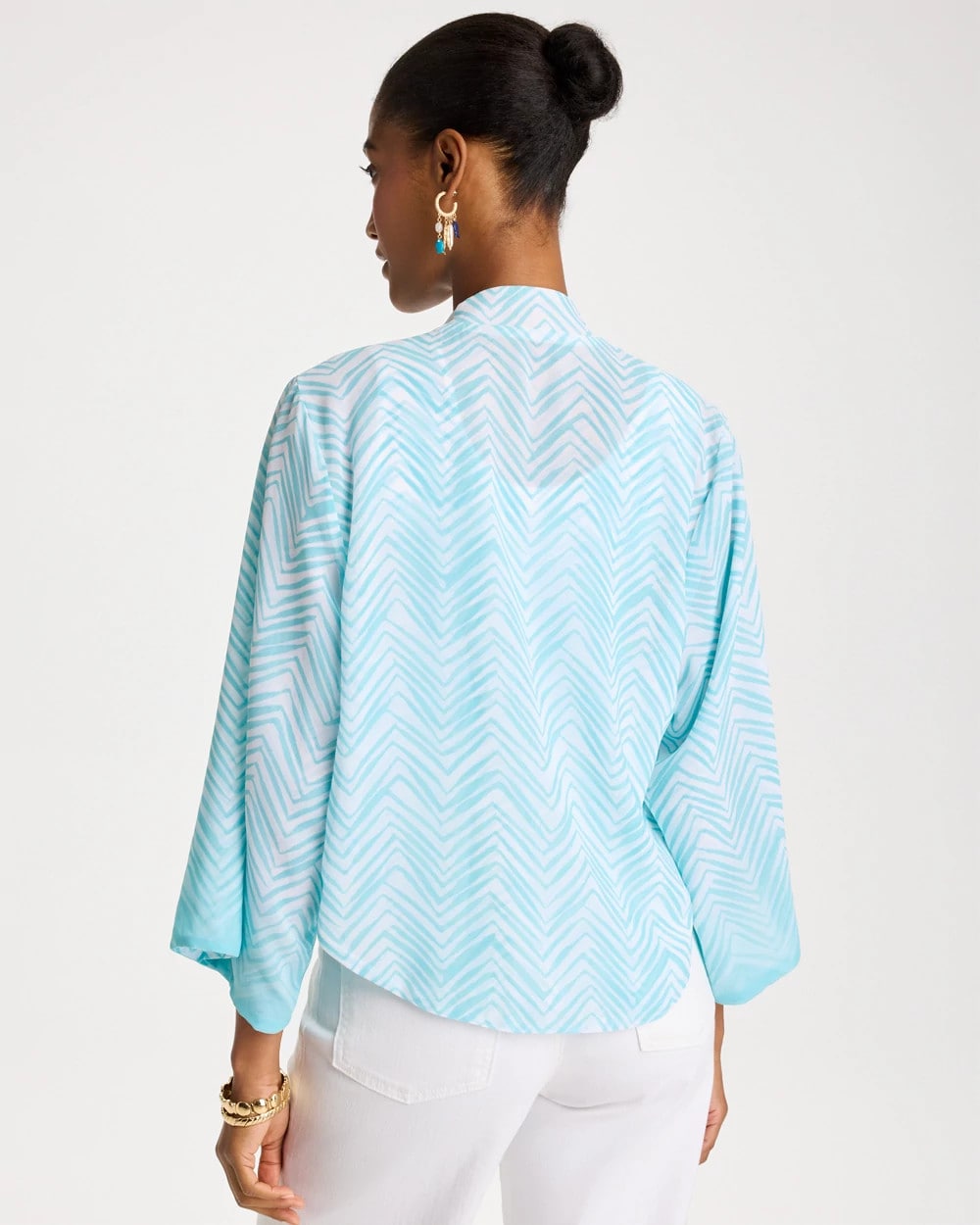 Bondi Blue Georgette Tie-Front Chevron Kimono