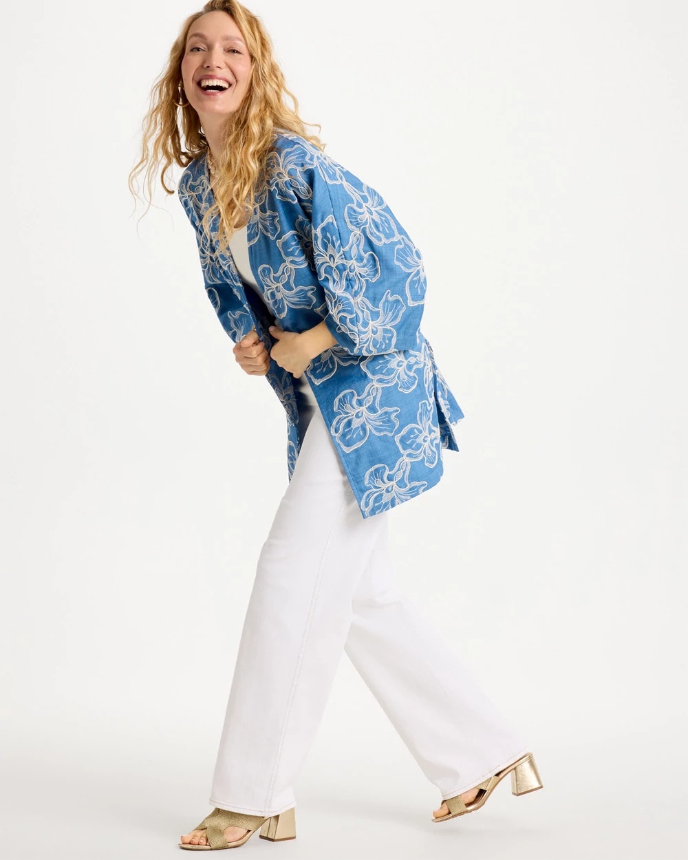 Denim Woven Embroidered Belted Kimono