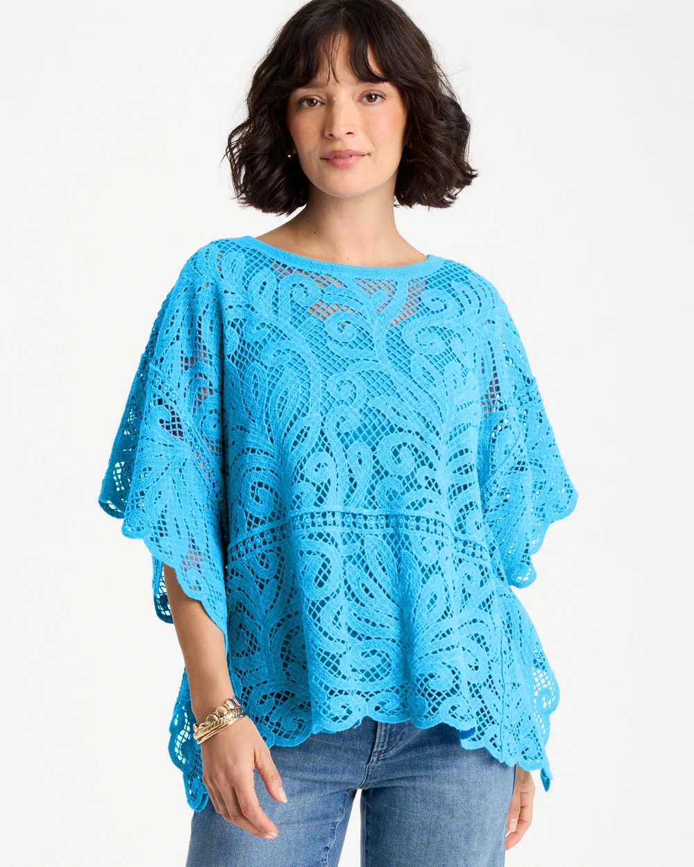 Blue Tide Cotton Crochet Lace Poncho