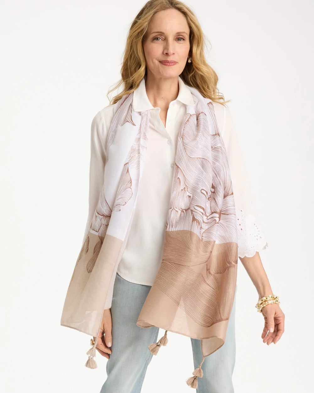 Neutral Neutral Floral Tassel Oblong Scarf