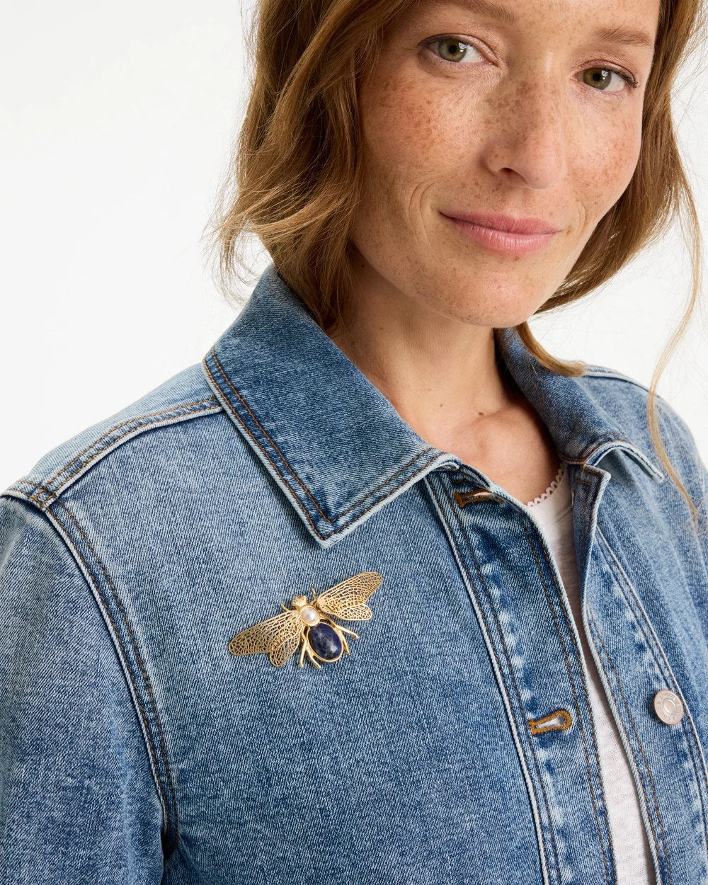 Blue Sodalite Stone Pearl Bee Brooch