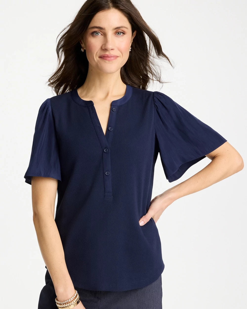 Passport Blue Rib Knit Woven Flutter Sleeve Tee