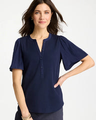 Passport Blue Rib Knit Woven Flutter Sleeve Tee