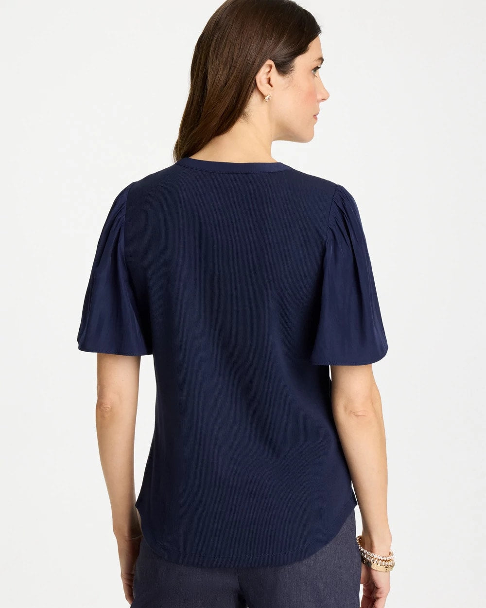 Passport Blue Rib Knit Woven Flutter Sleeve Tee