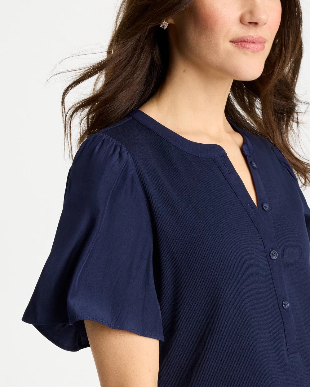Passport Blue Rib Knit Woven Flutter Sleeve Tee