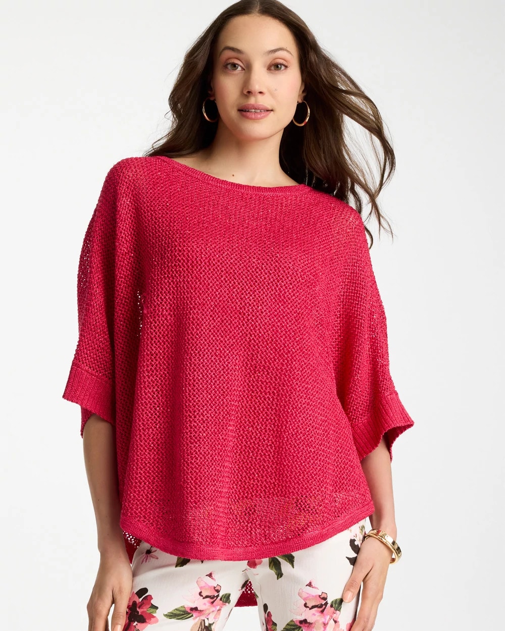 Hot Honeysuckle Sequin Boatneck Rounded Hem Poncho