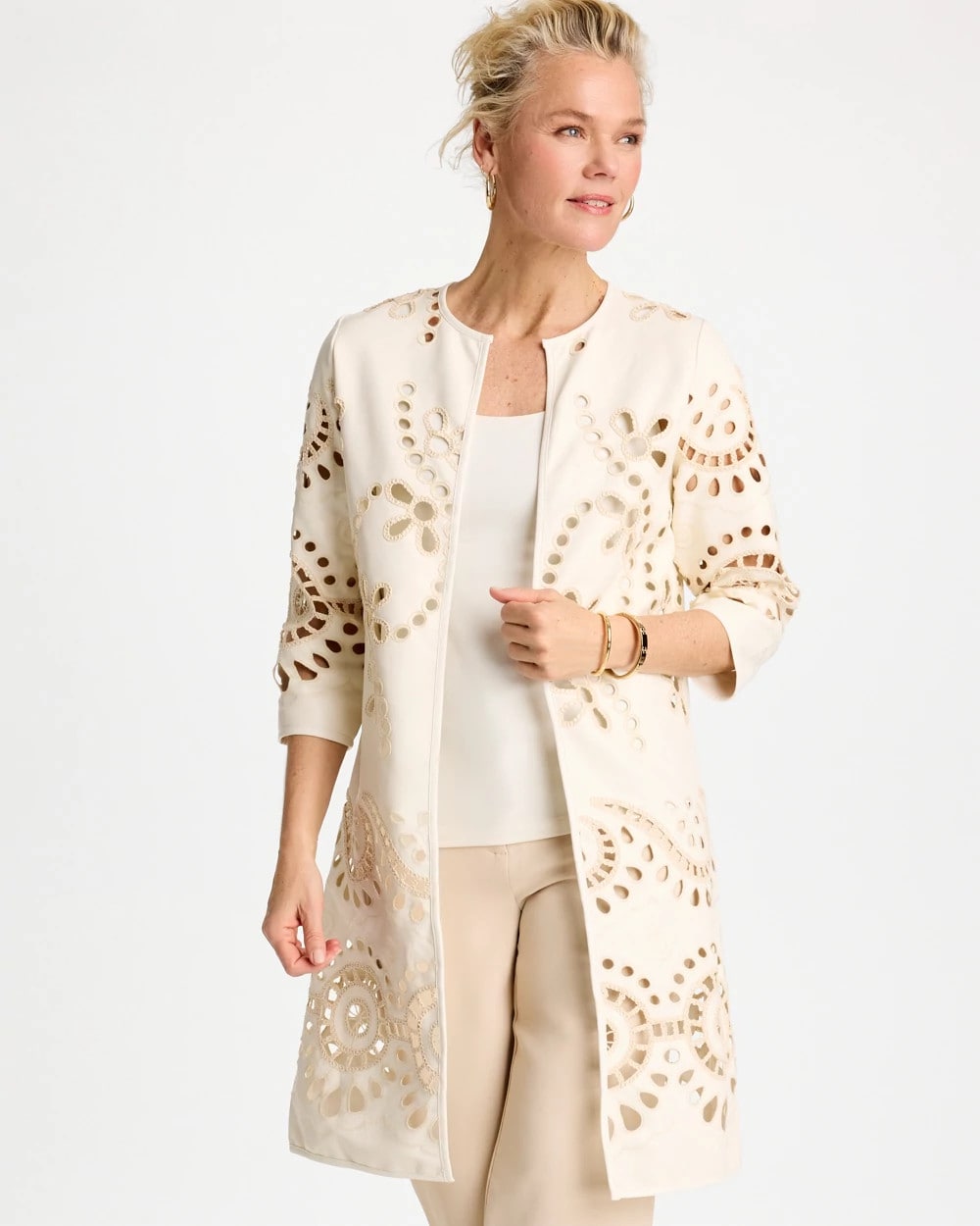Ecru Long Faux Leather Kimono