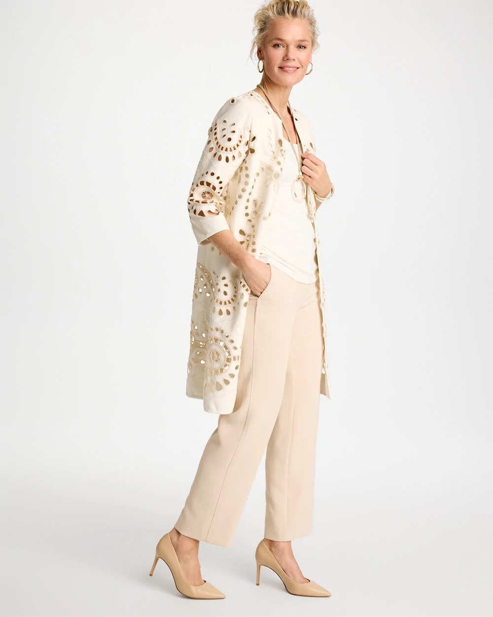 Ecru Long Faux Leather Kimono