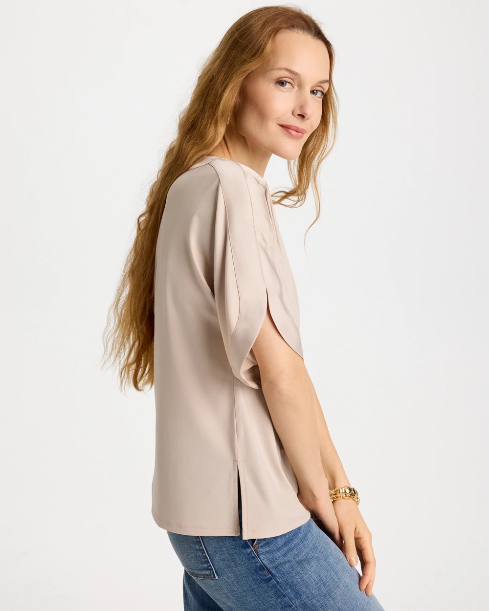 Smokey Taupe Jersey & Satin Dolman Tee