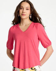 Hot Honeysuckle Shirred Elbow Sleeve Tee