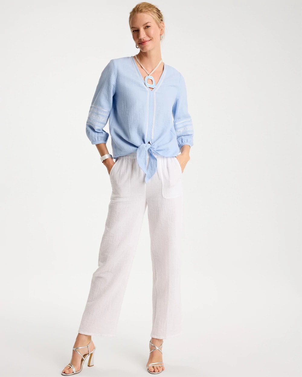 Blue Haven Cotton Gauze Tie-Front Blouse