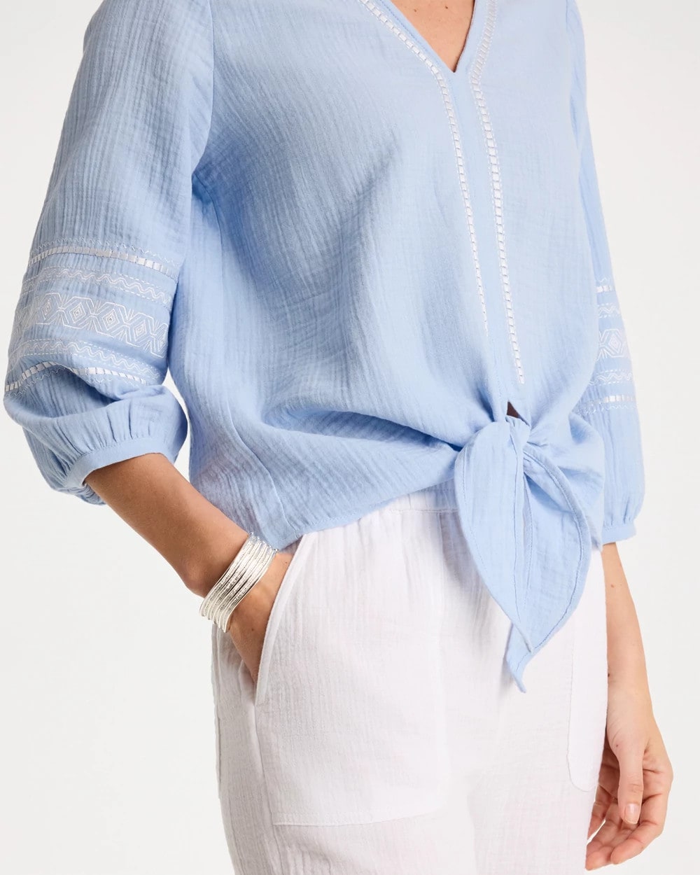 Blue Haven Cotton Gauze Tie-Front Blouse