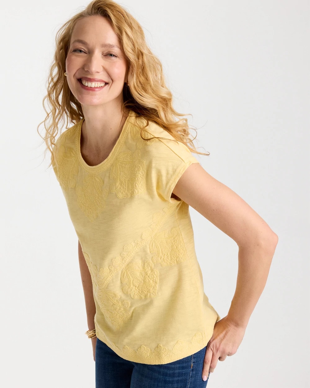 Golden Haze Monochrome Embroidered Cap-Sleeve Tee