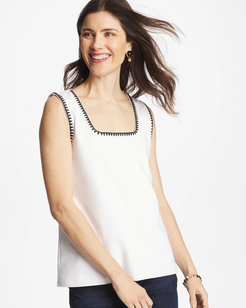 Alabaster Blanket Stitch Contour Cotton™ Square Neck Tank