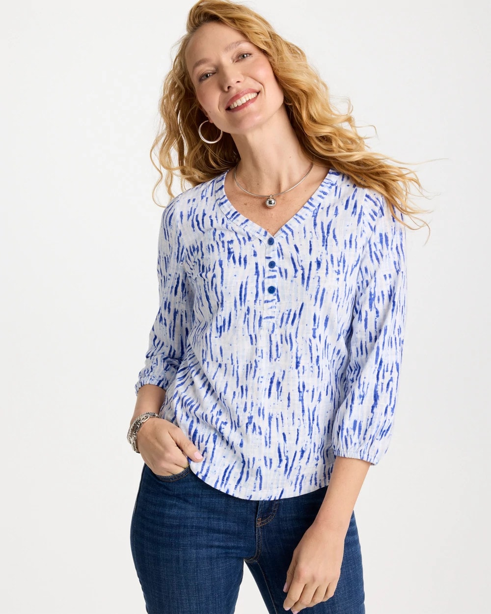 Amparo Blue Printed Puff Sleeve Slub Henley