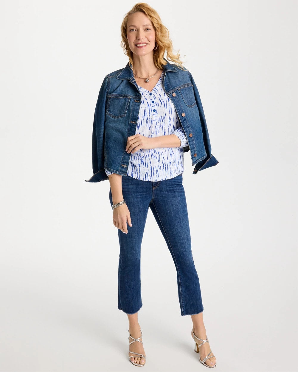 Amparo Blue Printed Puff Sleeve Slub Henley