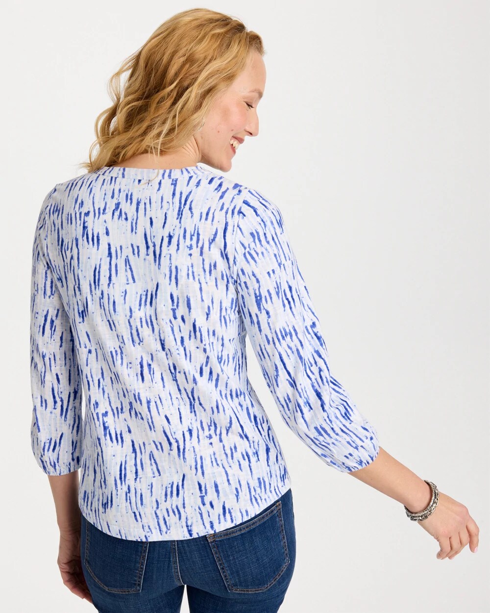 Amparo Blue Printed Puff Sleeve Slub Henley