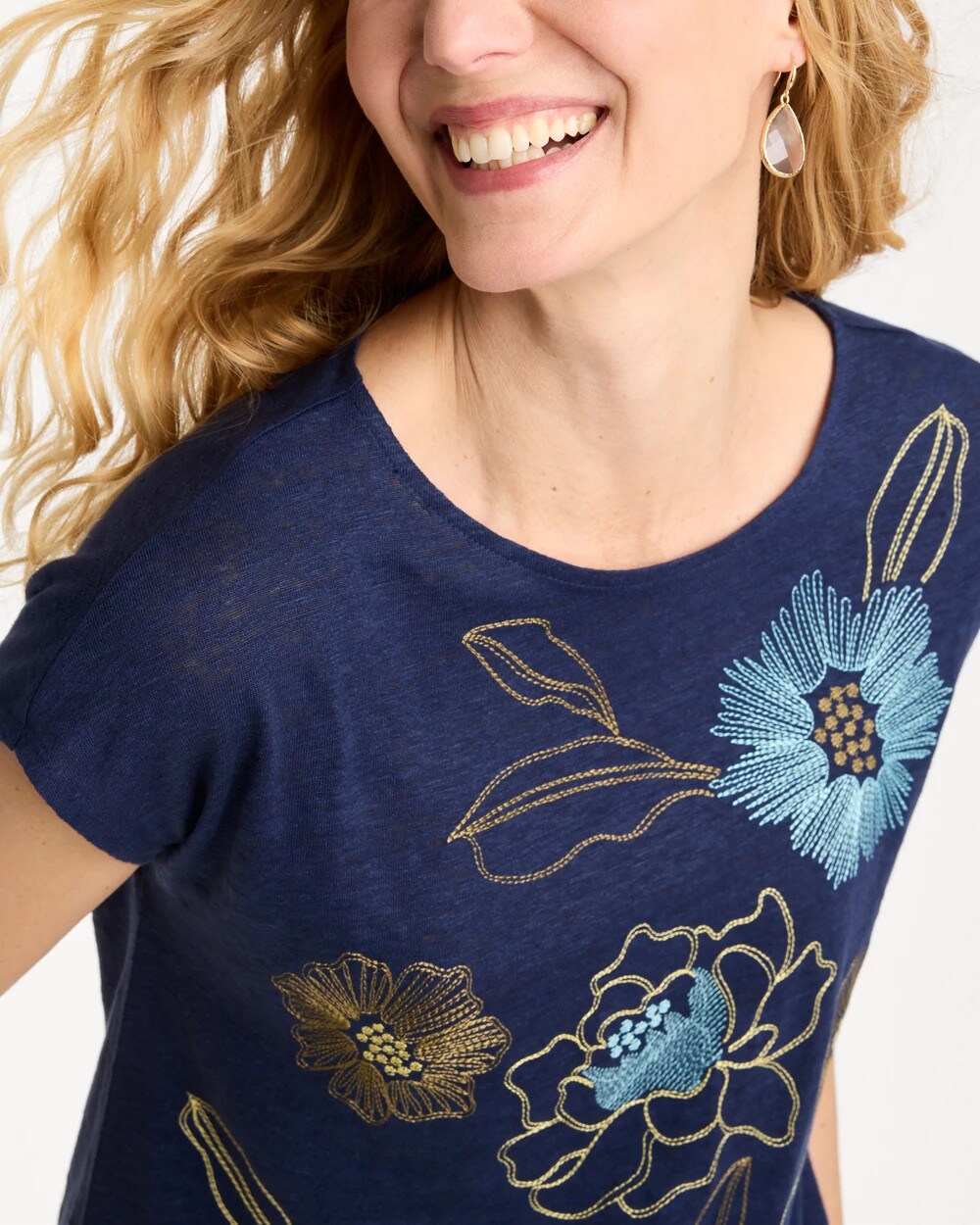Passport Blue Embroidered Linen Dolman Tee