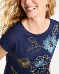 Passport Blue Embroidered Linen Dolman Tee