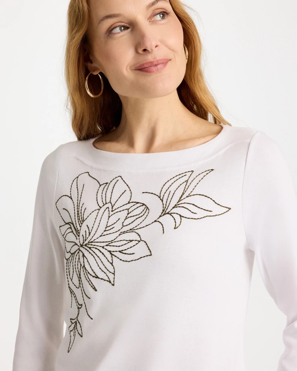 Alabaster Embroidered Pima 3/4 Sleeve Tee
