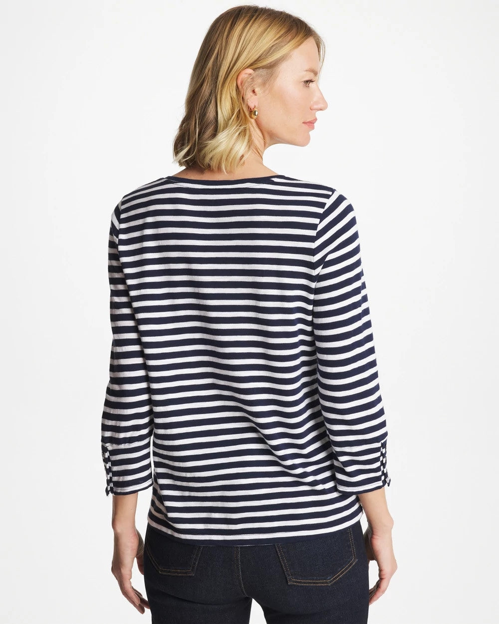 Passport Blue Striped Cotton Slub 3/4 Sleeve Button Tee