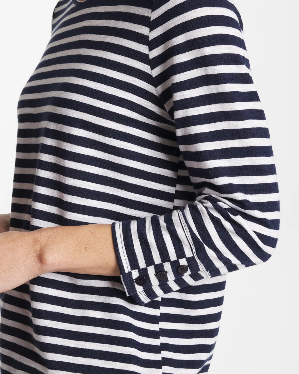 Passport Blue Striped Cotton Slub 3/4 Sleeve Button Tee