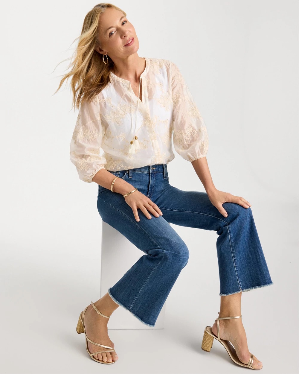 Alabaster Embroidered Tassel Tie-Front Top