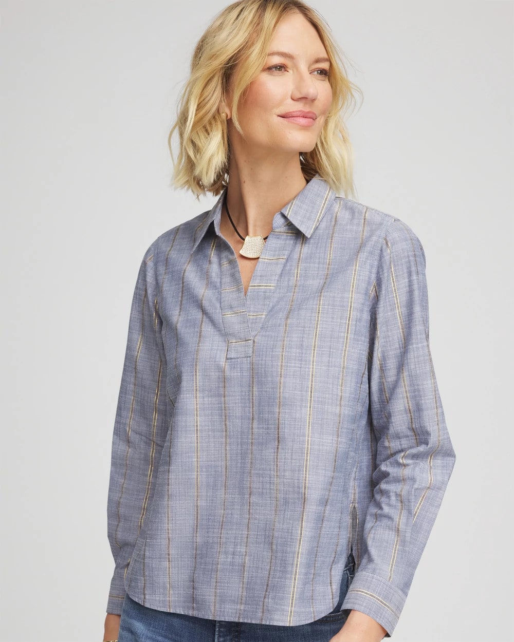 Indigo Chambray Striped Soft Popover