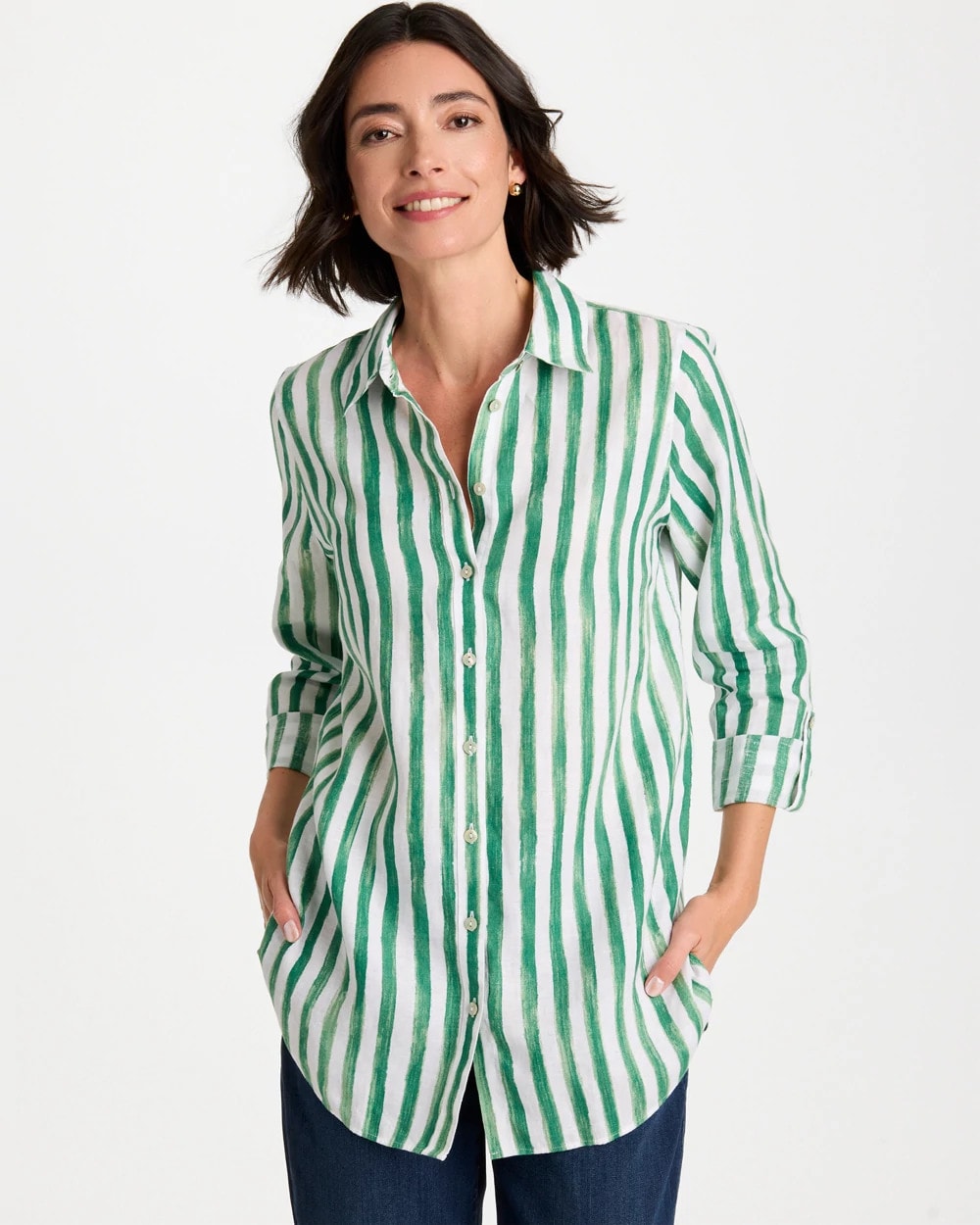 Hunter Green No Iron™ Striped Linen Tunic